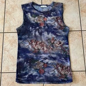 Vintage Y2K Sweet Lilac Sheer Mesh Angel Cherub‎ & Roses Tank Top, Sz Large